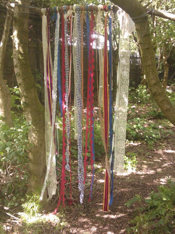 ribbons hanging from trees in the woods