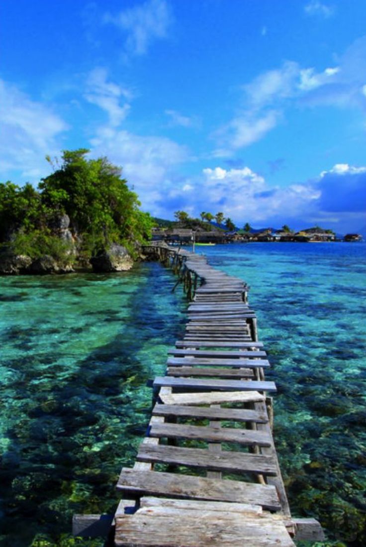 a long wooden bridge over clear blue water with the words essentials travel on it