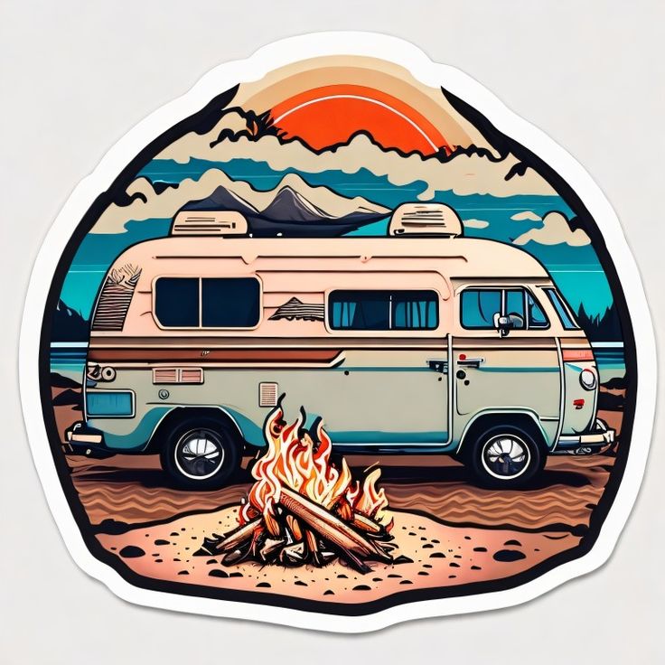 a camper van is parked in front of a campfire