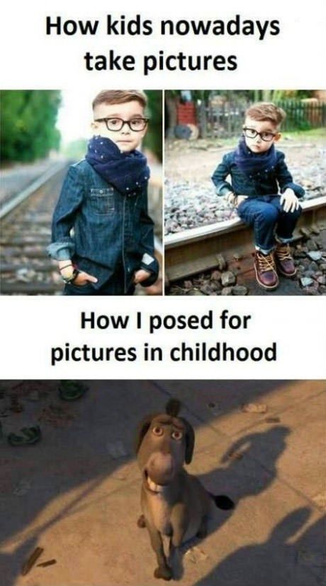 two pictures of a boy and his dog with caption that reads, how kids nowadays take pictures how i posed for pictures in childhood