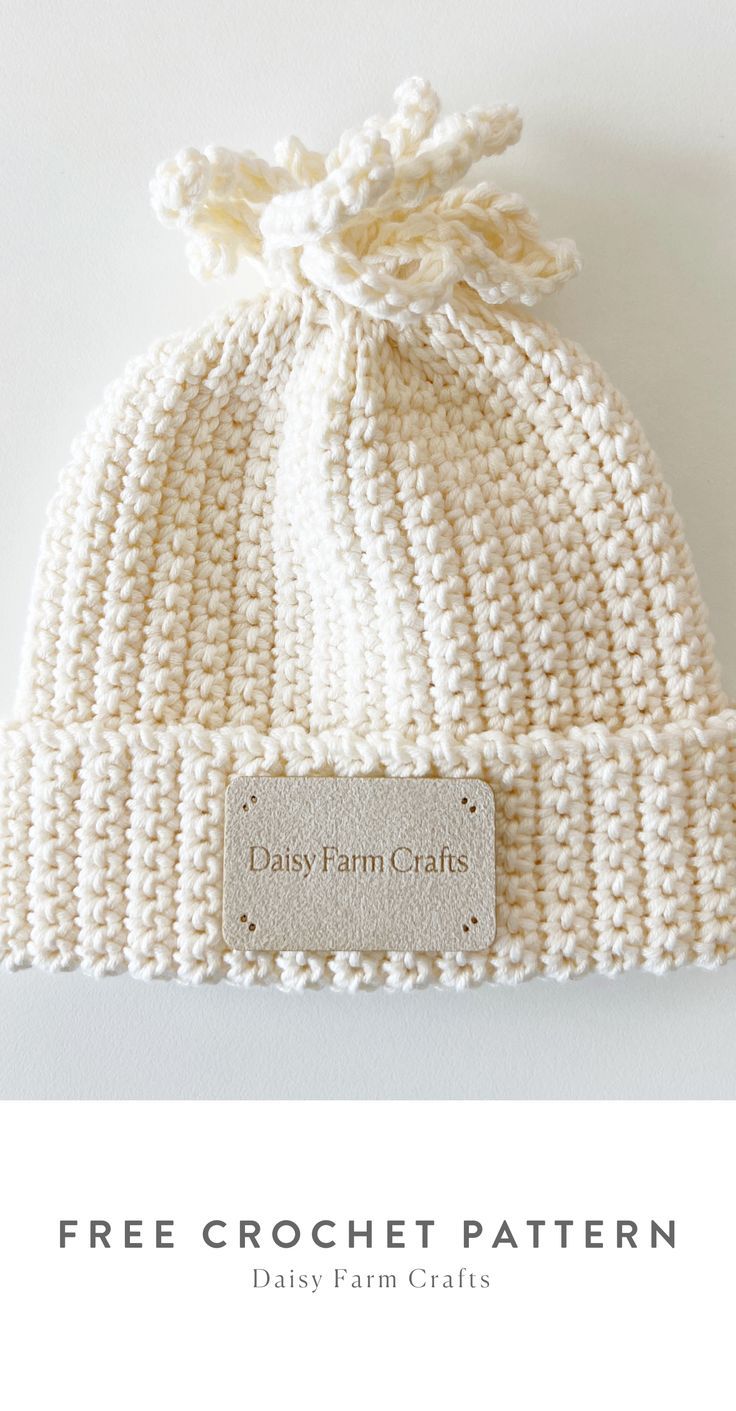 a white knitted hat with the words free crochet pattern on it