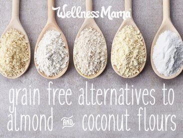 five wooden spoons filled with different types of grains and the words grain free alternatives to almond and coconut flour