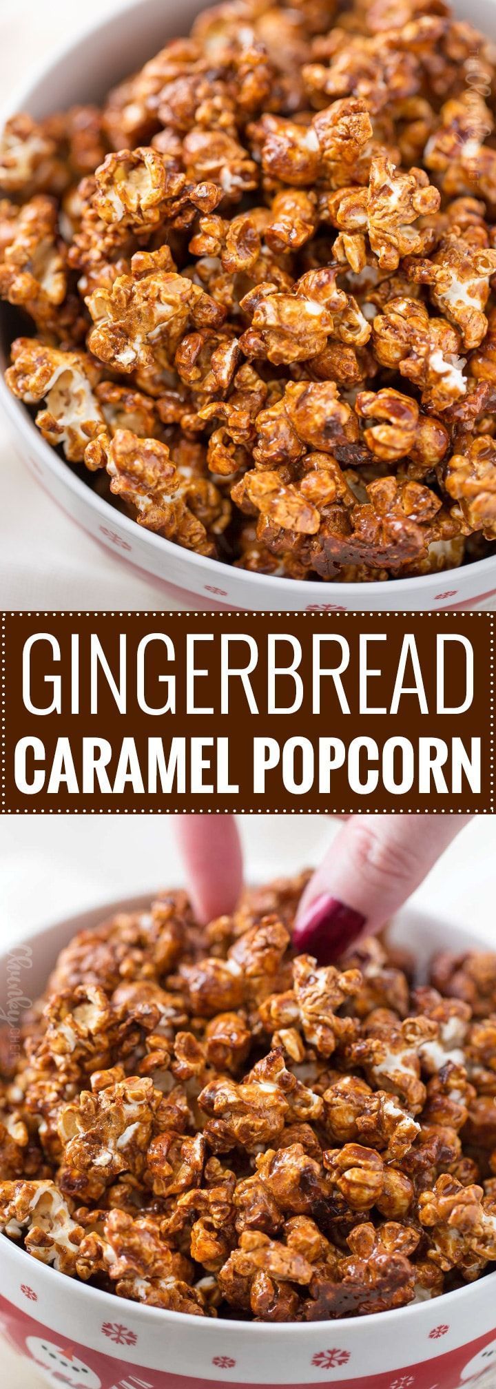 two pictures showing how to make gingerbread caramel popcorn with text overlay that reads, gingerbread caramel popcorn