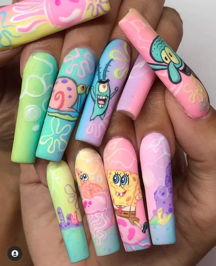 Spongebob Nail Art, Iconic Movie Scenes, Spongebob Nails, Cartoon Nail Designs, Cartoon Nail Art, Character Nails, Cartoons Movies, Cartoon Nails, Evil Eye Nails