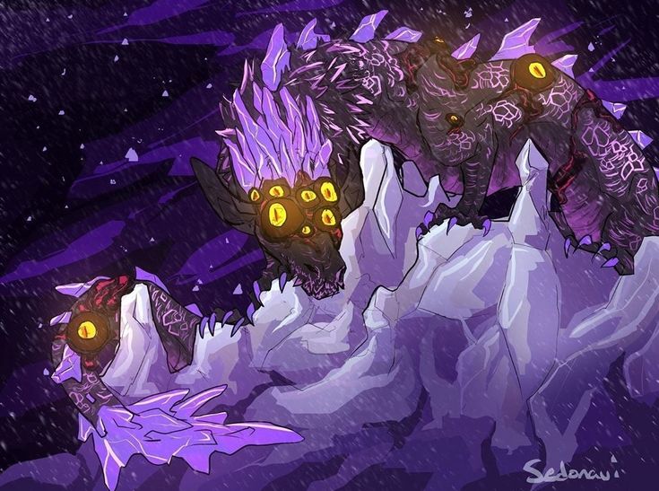 an image of two monsters in the snow with yellow eyes and glowing eyes on their faces