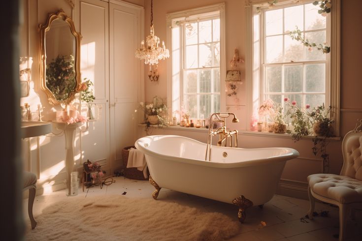 a bathroom with a claw foot bathtub and chandelier in it's center