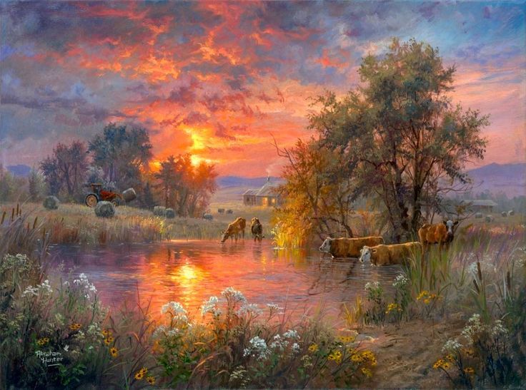 a painting of cows drinking from a river at sunset with the setting sun in the background