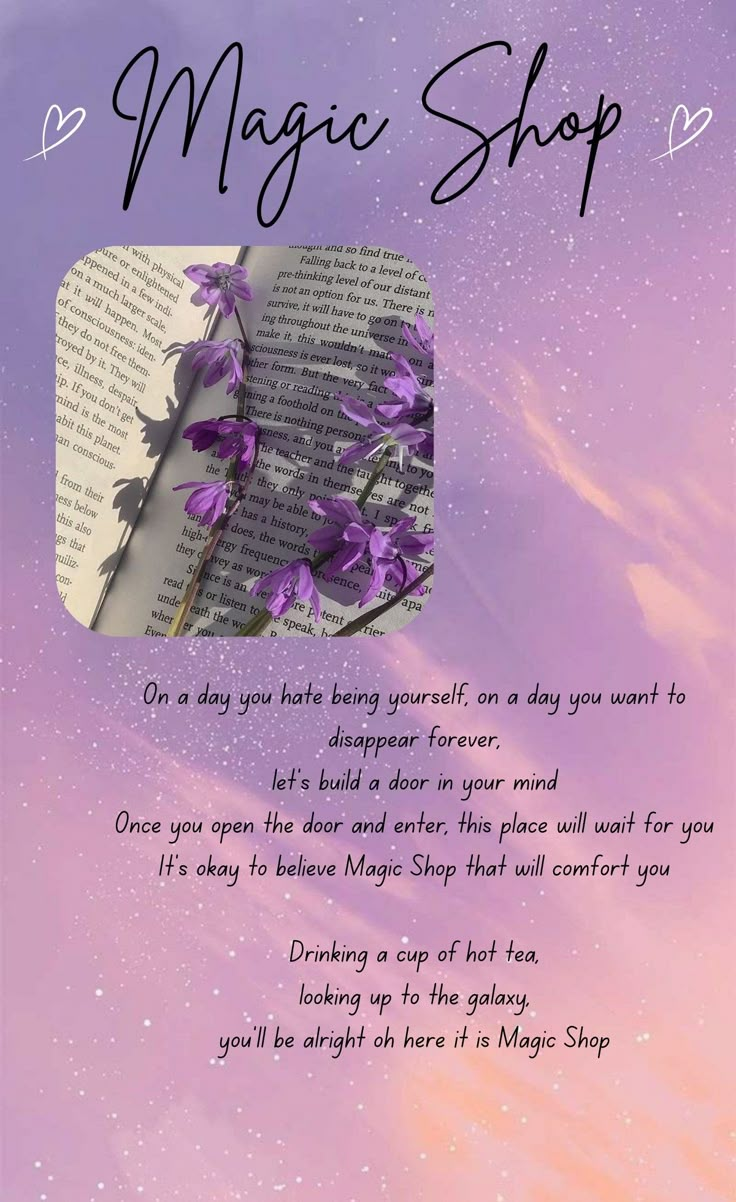 an open book with purple flowers on it and the words magic shop written in black