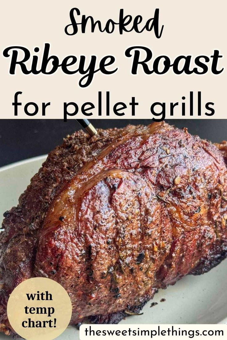 smoked ribeye roast for pellet grills with text overlay