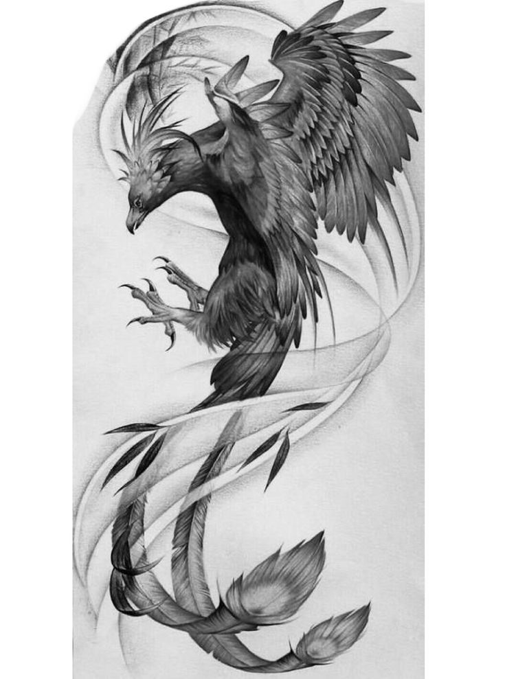 a black and white drawing of a bird with wings on it's back side