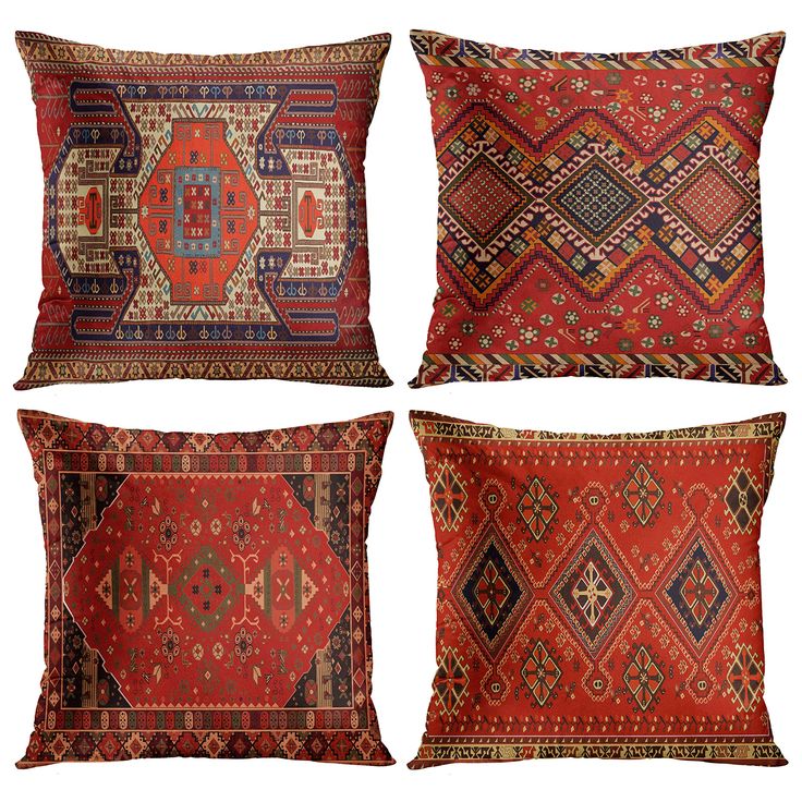 four pillows with different patterns on them, one is red and the other is blue