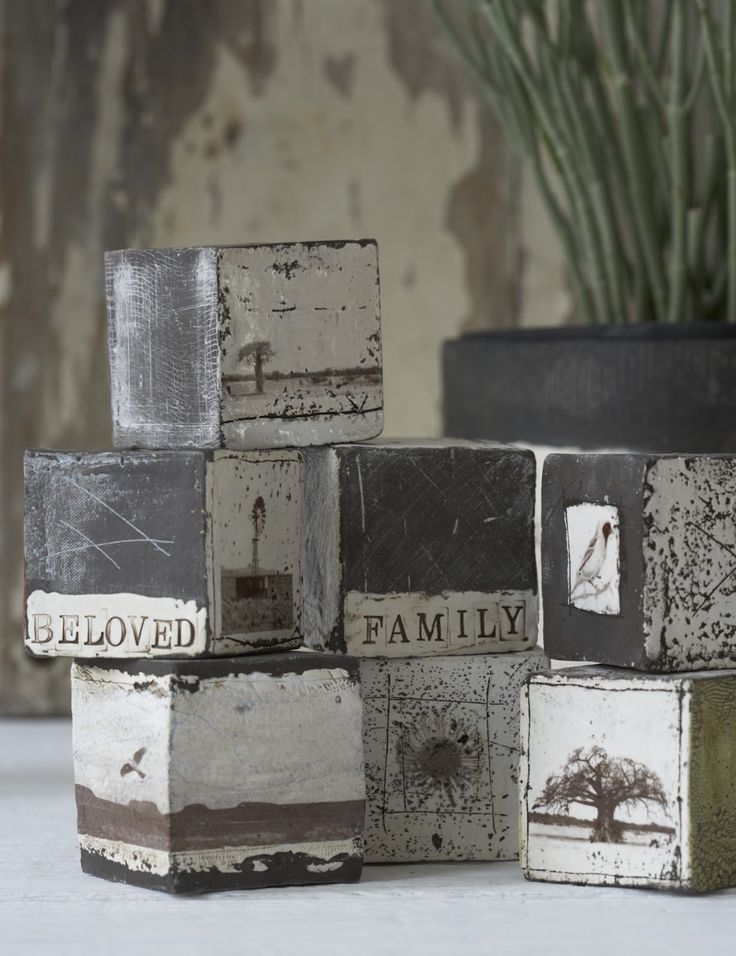 a group of blocks sitting next to a potted plant