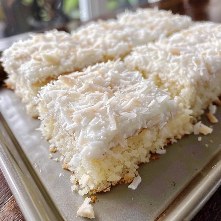 a piece of coconut cake sitting on top of a pan covered in white frosting