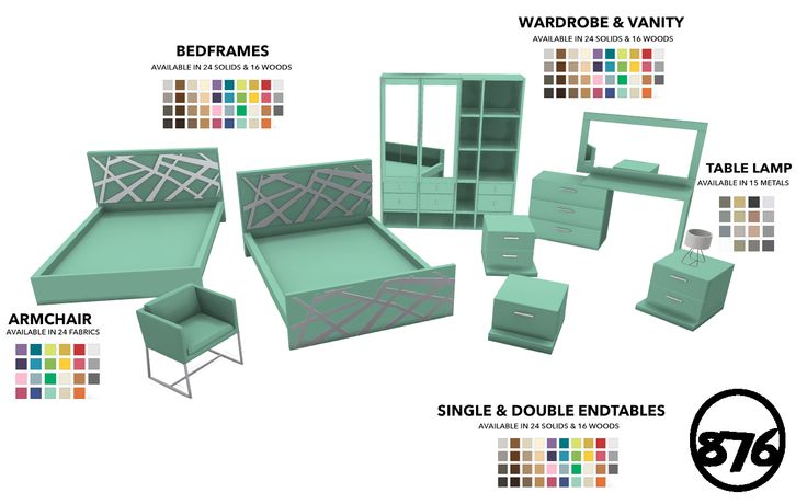 an assortment of furniture with different colors and sizes