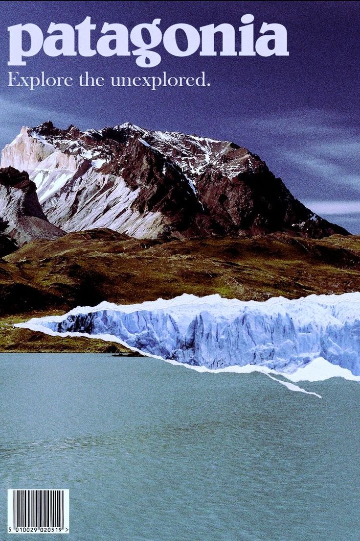 the front cover of patagonia magazine, with an image of mountains in the background