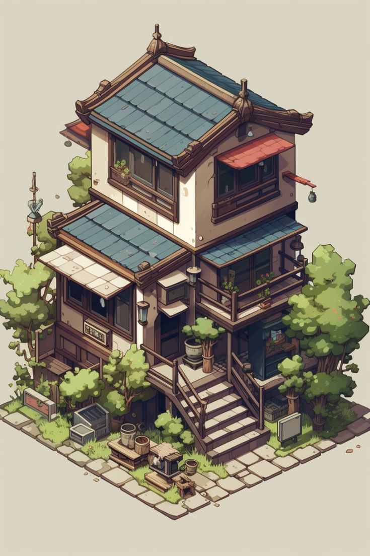 an illustration of a house with stairs and trees