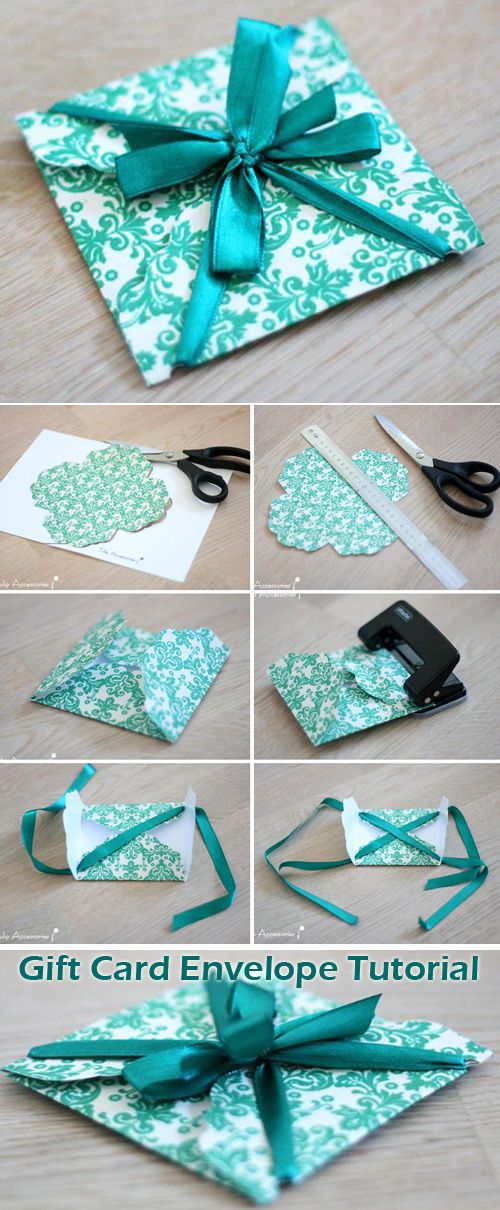 the instructions for how to make an origami gift card envelope with ribbon and bow