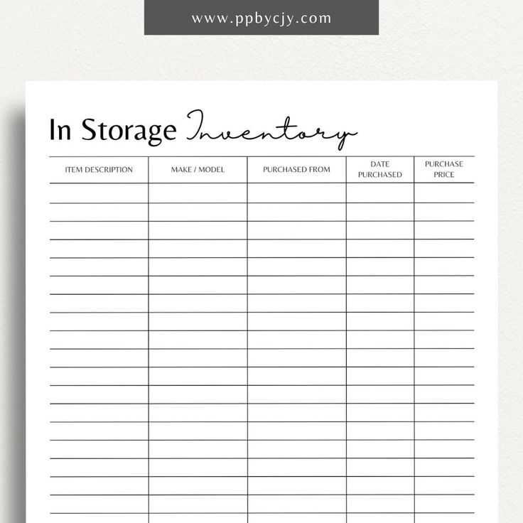 a printable in storage inventory sheet with the words in black and white on it