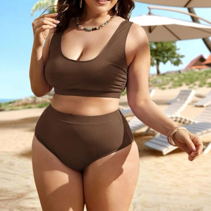 Brown, Plain, Ribbed Bikini Swimsuit Size 3xl. Brand New In Packaging. Chic Travel Style, I'm Toxic, Brown Swimsuit, Brown Plain, Plus Size Swimsuit, Women Bathing, Plus Size Swim, Swim Suits, Plus Size Swimsuits