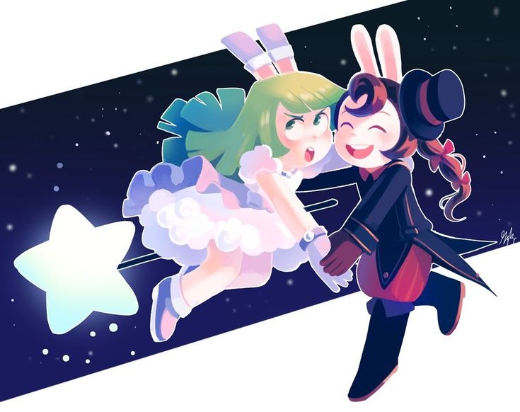 two cartoon characters are hugging in the air with stars behind them and one is holding onto another character