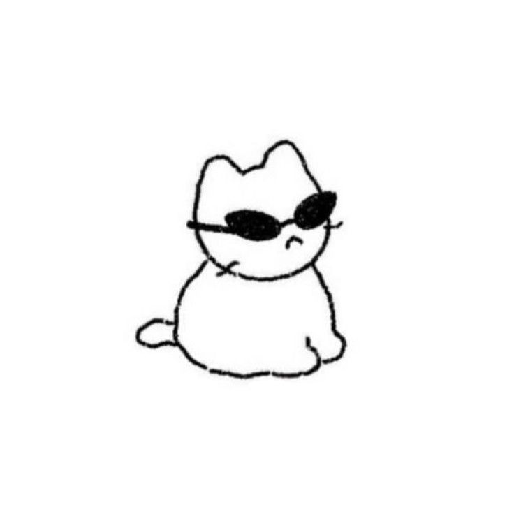 a black and white drawing of a cat with sunglasses on it's face, sitting down