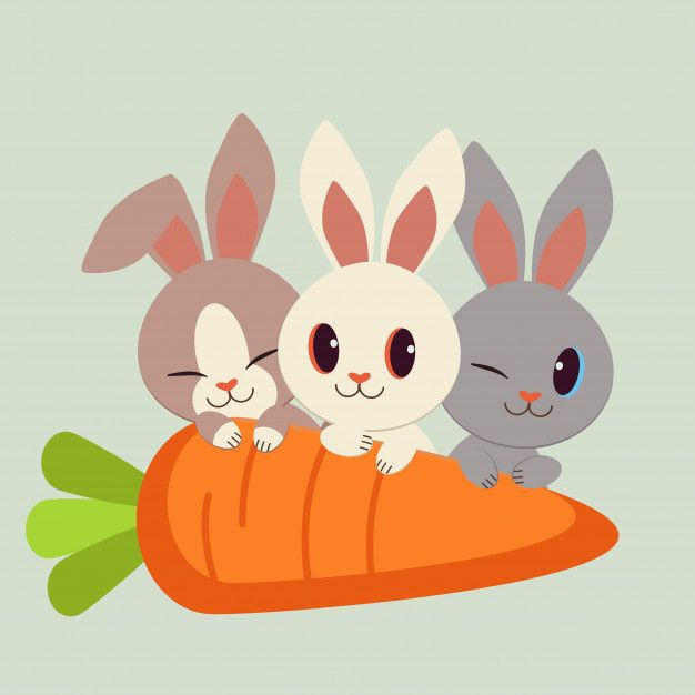 three rabbits are sitting on top of a carrot, and one bunny is holding the carrot