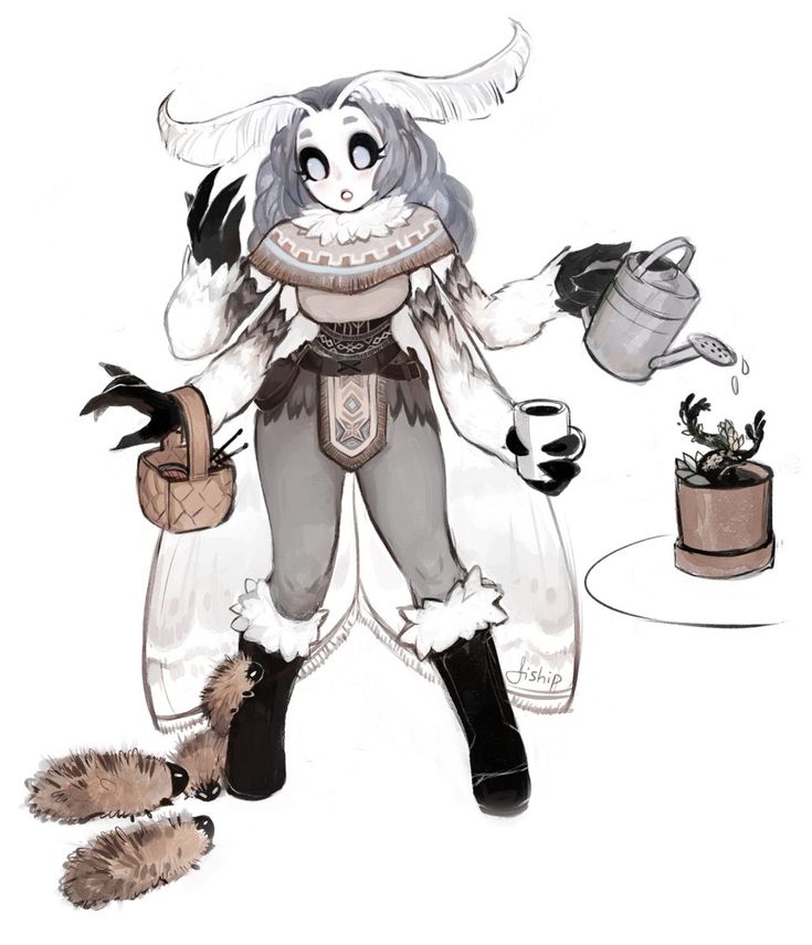 a drawing of a woman with an owl outfit and hat on, holding a coffee cup