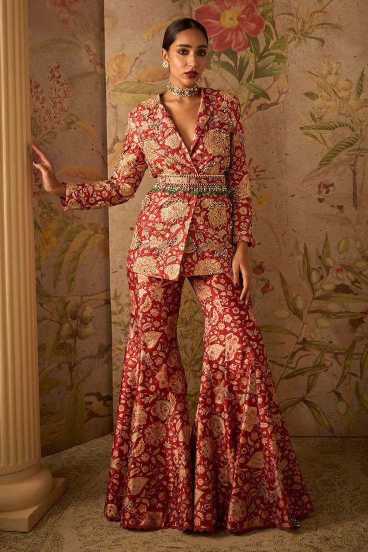 Shop for Ridhi Mehra Red Raw Silk Icon Floral Print Jacket And Pant Set for Women Online at Aza Fashions Ridhi Mehra, Trendy Outfits Indian, Diwali Outfits, Floral Print Jacket, Red Ochre, Traditional Indian Outfits, Designer Dresses Casual, Party Wear Indian Dresses, Sharara Set