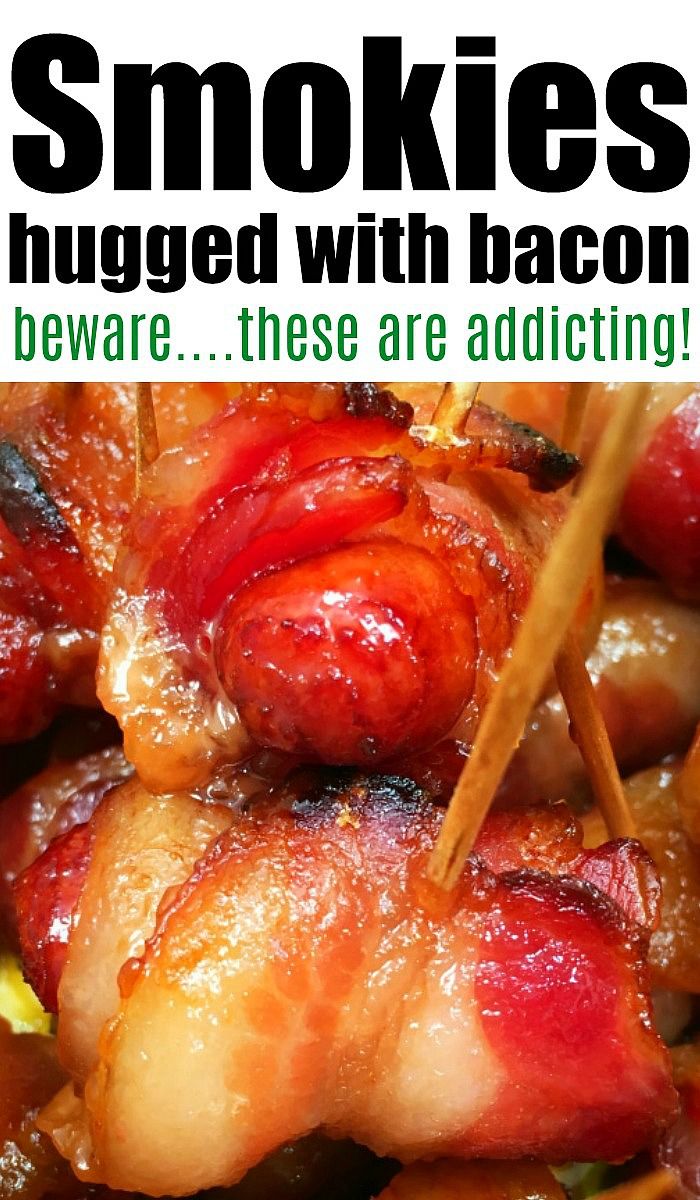 there is a poster with the words smoked bacon smokies hung with bacon and beware these are adding