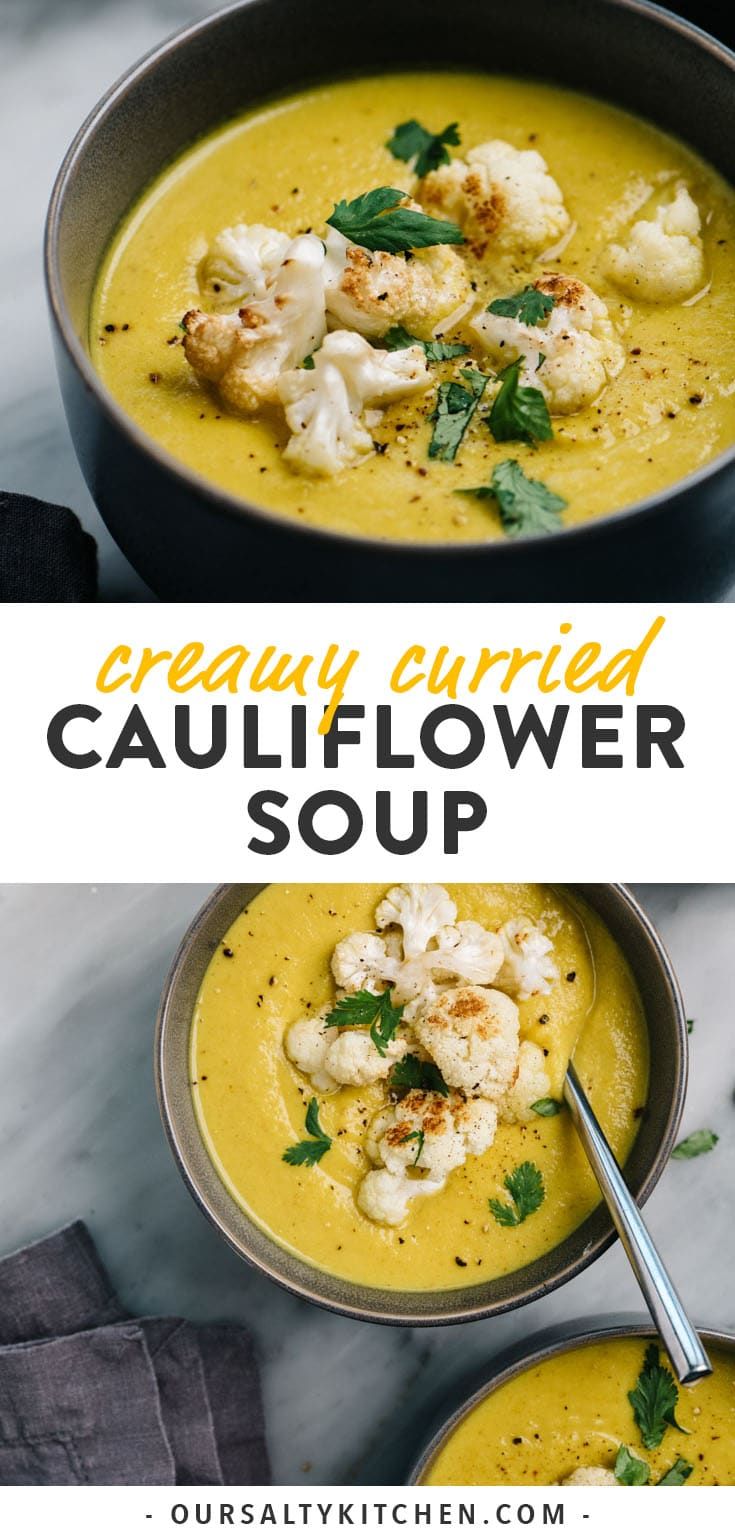 two bowls of creamy currie cauliflower soup