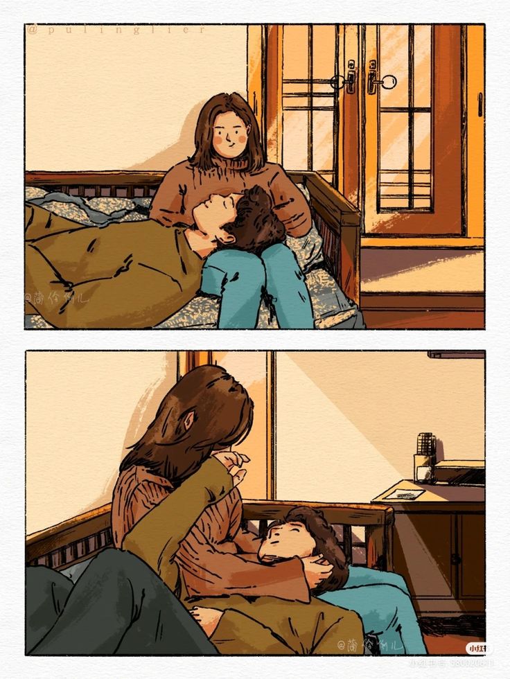 two comics with people in bed and one is hugging the other's head as if they were kissing