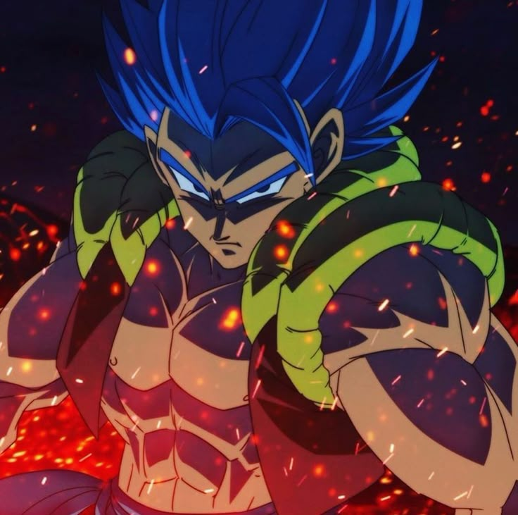 an anime character with blue hair standing in front of fire