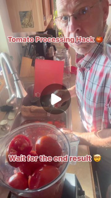 an old man is cooking tomatoes in the kitchen with words above him that read tomato processing hack