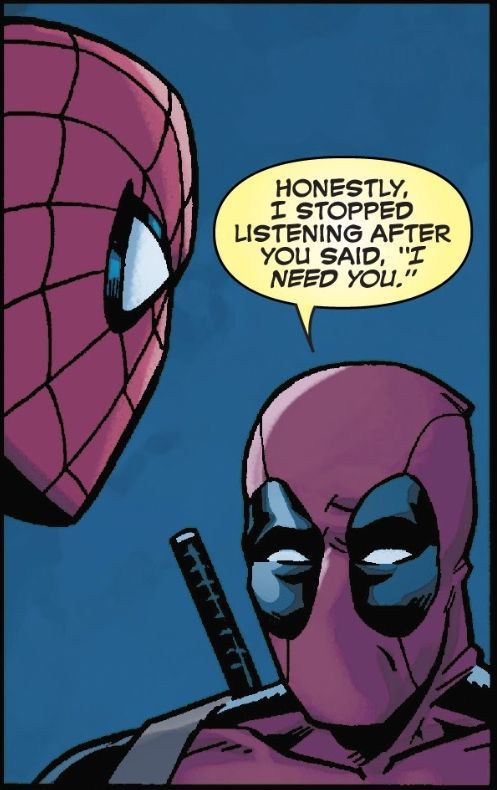 a comic strip with deadpool and spider - man talking to each other in the background