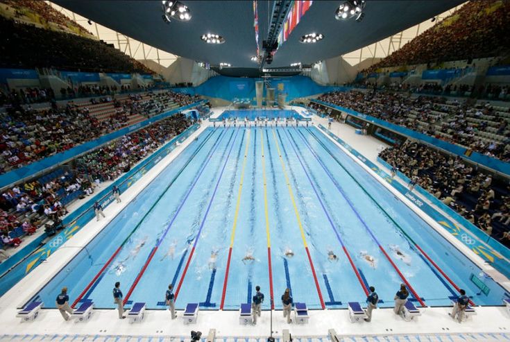 an olympic swimming pool with people watching it