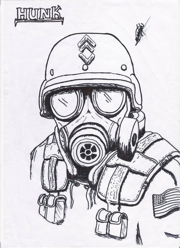 a drawing of a man wearing a gas mask