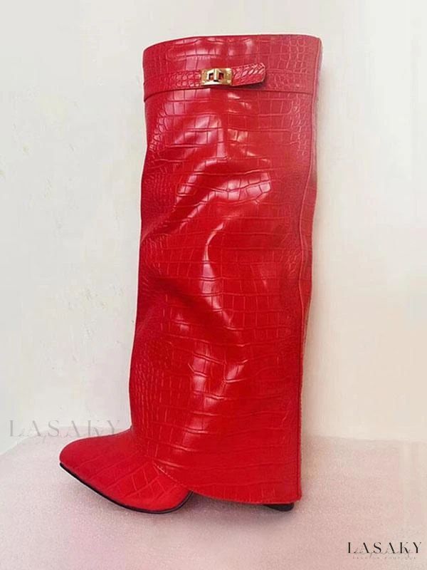 Lasaky - Pink Crocodile Pattern Wide Calf Boots with Heeled Lock, Straight Shaft and Foldover Knee High Design Pink Knee High Boots, Wide Calf Knee High Boots, Winter Heels, Bodysuit Blouse, Wide Calf Boots, Boots Women Fashion, Wide Calf, Womens Blazers, Calf Boots