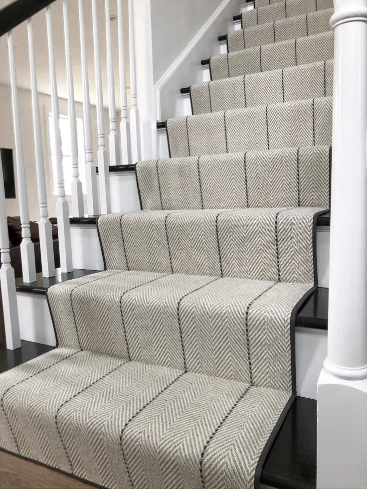 Peter Island Stripe custom stair runner carpet for stairs The Carpet Workroom Boston Massachusetts Stairway Carpet, Staircase Runner, White Stairs, House Staircase, Staircase Remodel, Staircase Makeover, Stair Remodel, Hallway Designs, Runner Carpet