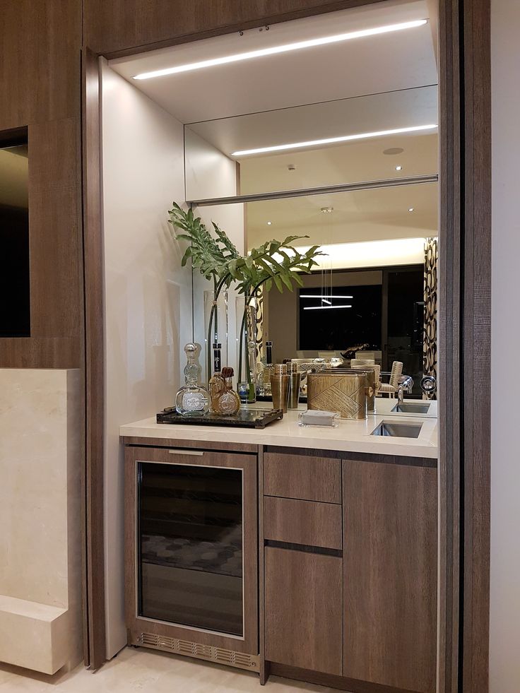 a bathroom with a sink, mirror and plants on the counter top in front of it