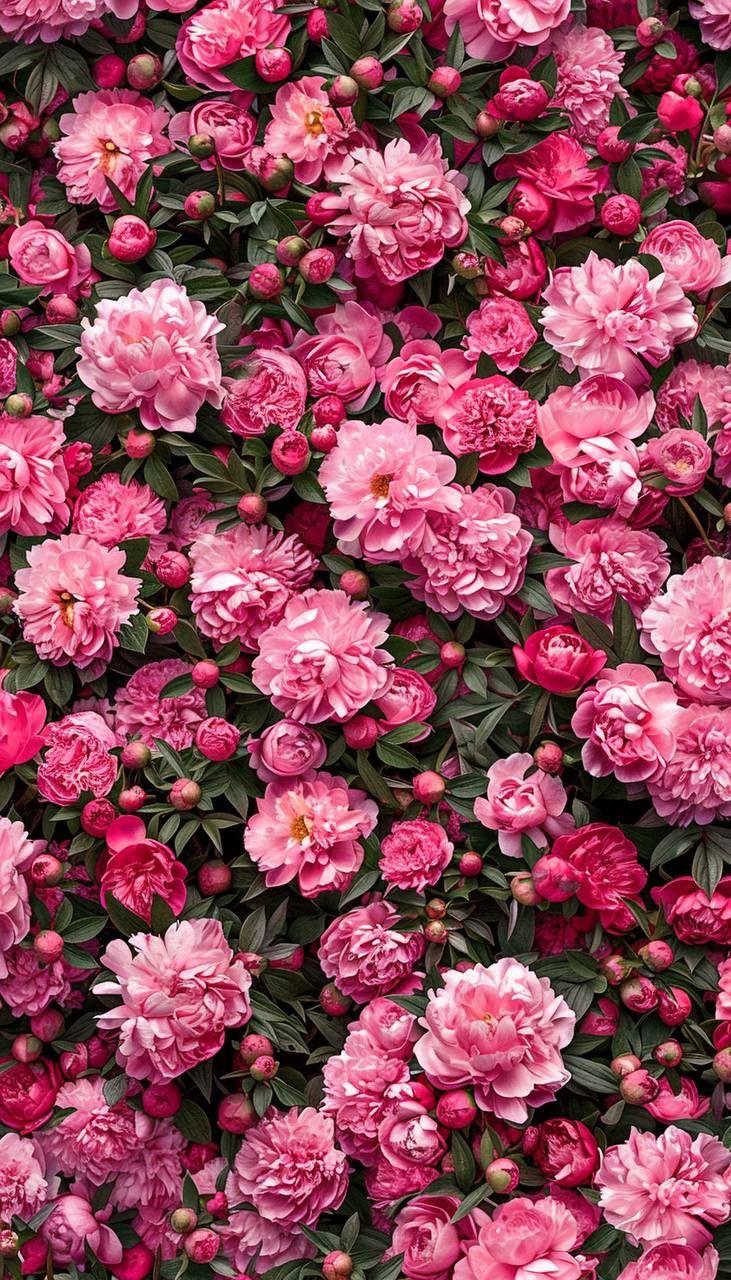 many pink flowers with green leaves on the top and bottom are blooming in full bloom