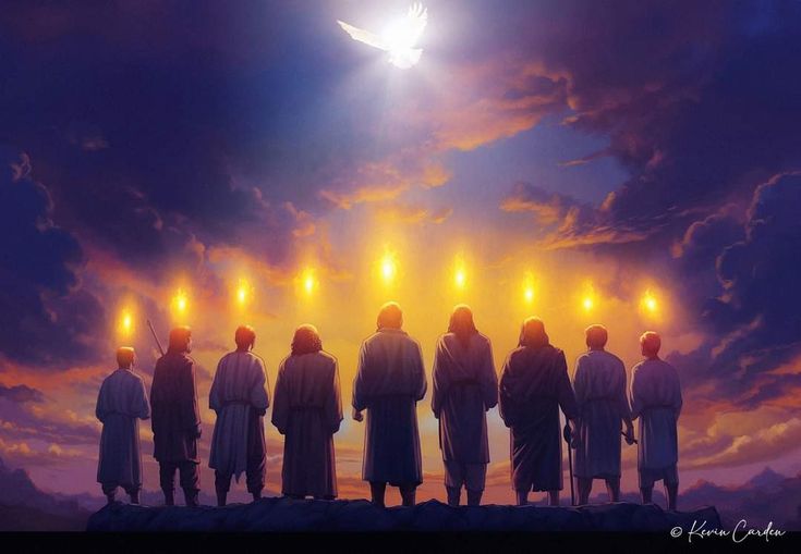 seven people with candles in their hands standing on a hill under a sky filled with clouds