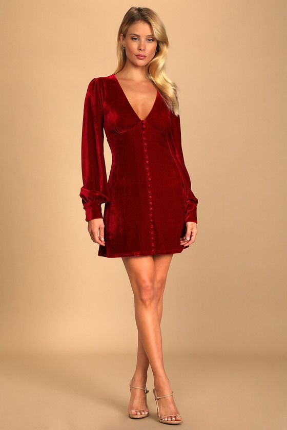 Make it Merry Wine Red Velvet Long Sleeve Button-Up Mini Dress Red Velvet Dress Long, Cocktail Dress Holiday, Velvet Dress Long, Long Sleeve Velvet Dress, Red Velvet Dress, Prom Dress Shopping, Holiday Party Dresses, Christmas Party Dress, Formal Dresses For Women