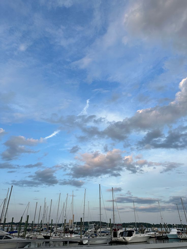 many boats are docked in the water under a cloudy blue sky with white fluffy clouds