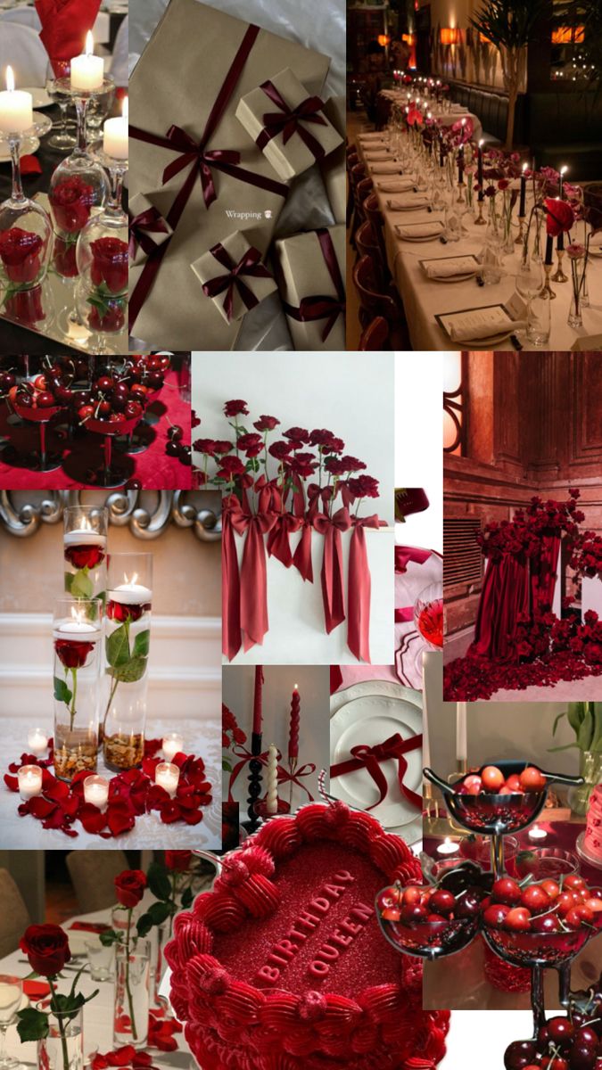 a collage of red and white wedding decorations