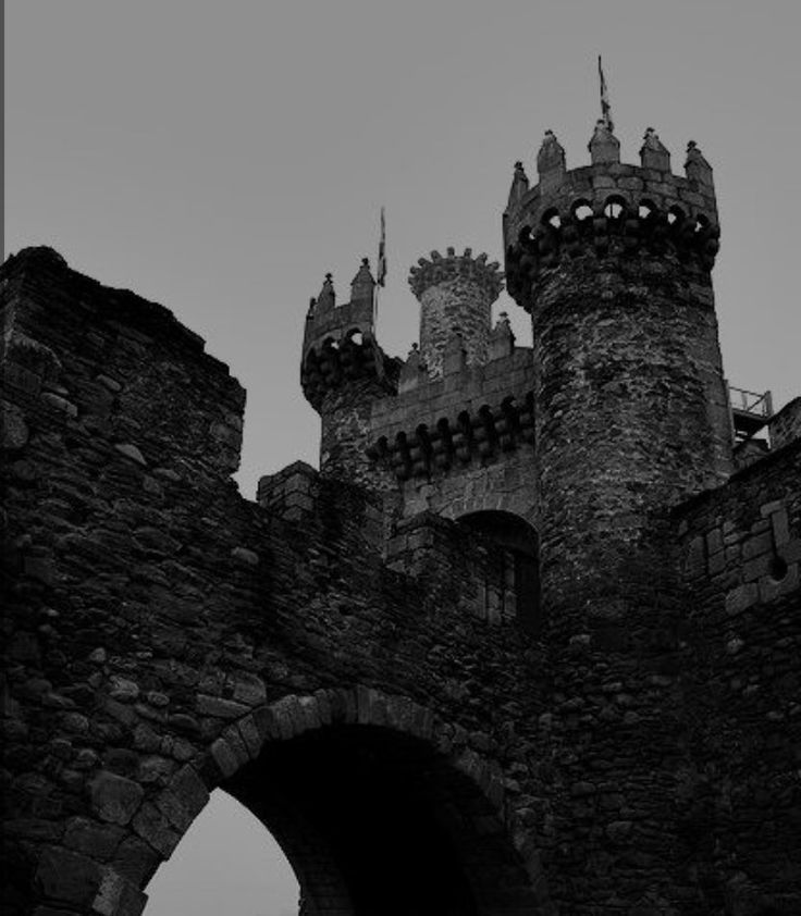 a black and white photo of an old castle