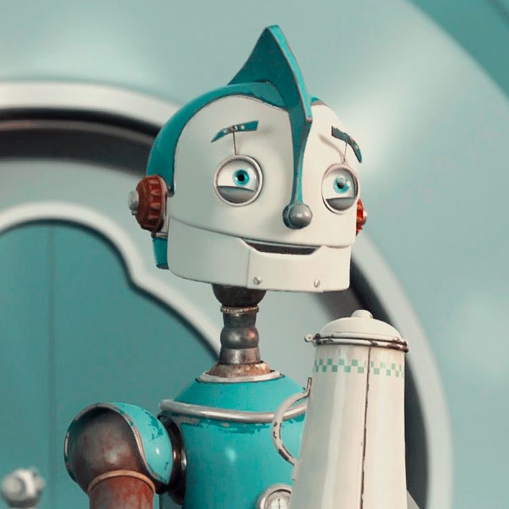 a toy robot is standing next to a blue wall and mirror with its eyes wide open