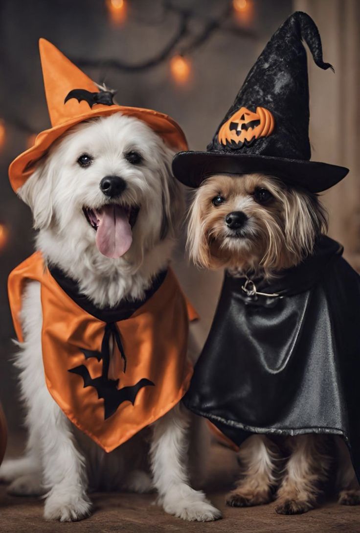 two dogs dressed up in halloween costumes and pumpkin hats, standing next to each other