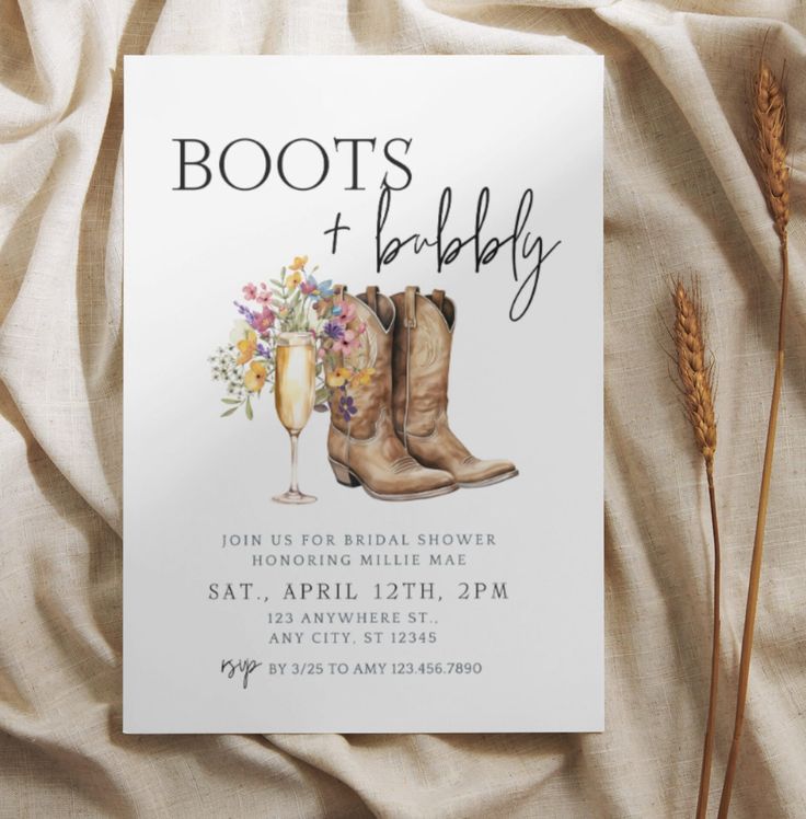 boots and flowers are on the front of this bridal shower party card with champagne