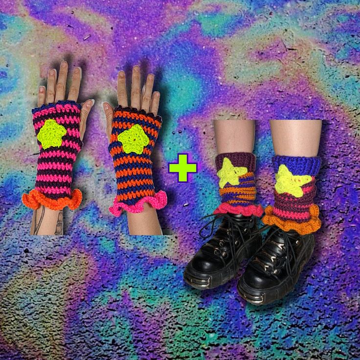 **MADE TO ORDER: DM BEFORE BUYING**  hi ghouls ️ this is a custom listing for crochet striped hand and leg warmers with a patch and fluffy ruffles 💫 the hand and leg warmers can also be purchased separately if you don't want the full set. this set is fully customizable, so if you want a specific patch, colour scheme and design, do let me know. there may be an additional fee depending on how complicated your design is.  being out your crazy kookie side or add a pop of colour with these cute babi Glitter Weevil, Crochet Clown Outfit, Hand And Leg Warmers, Scene Crochet, Hand Warmers Crochet, Weirdcore Outfits, Clown Accessories, Silly Clothes, Alt Outfits