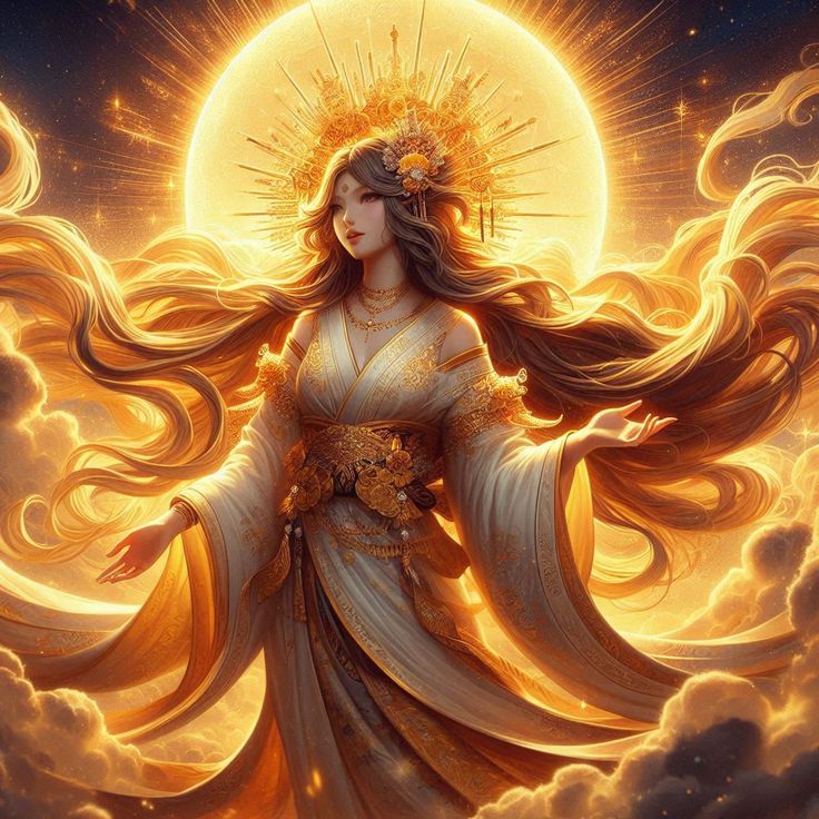 a woman with long hair standing in front of the sun and clouds, holding her arms out